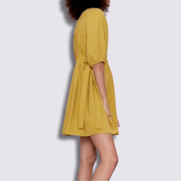 Zara Yellow Puff Sleeve Babydoll Mini Dress Ruched Waist NWT Size M - Picture 4 of 9